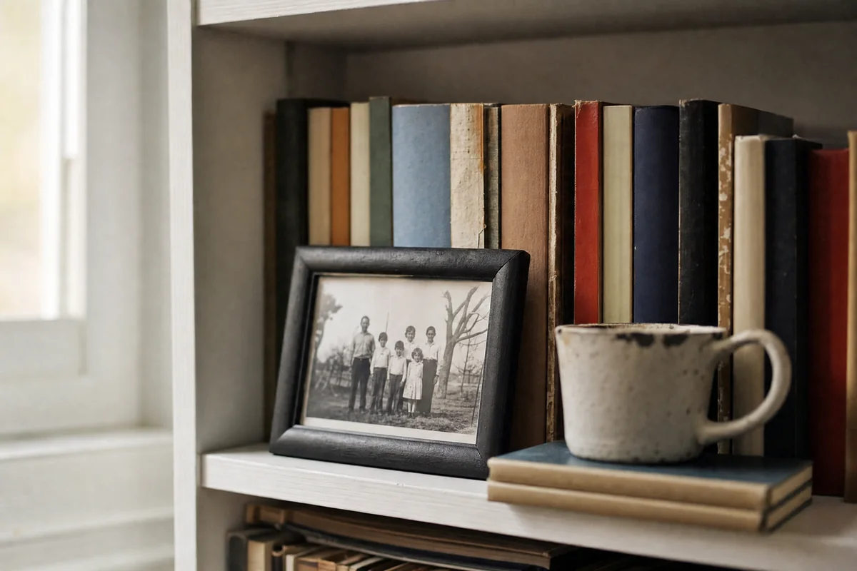 A black frame holding an old black-and-white family photo leaning against a row of hardcovers on a white shelf, with a chipped mug on two flat books beside it