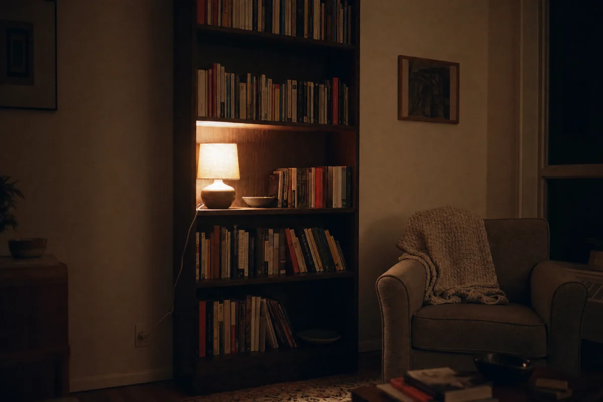 A dark five-shelf bookcase at night with the overhead light off, a small fabric-shade lamp lit on the middle shelf and its cord running down the side to a wall outlet, an armchair with a throw beside it
