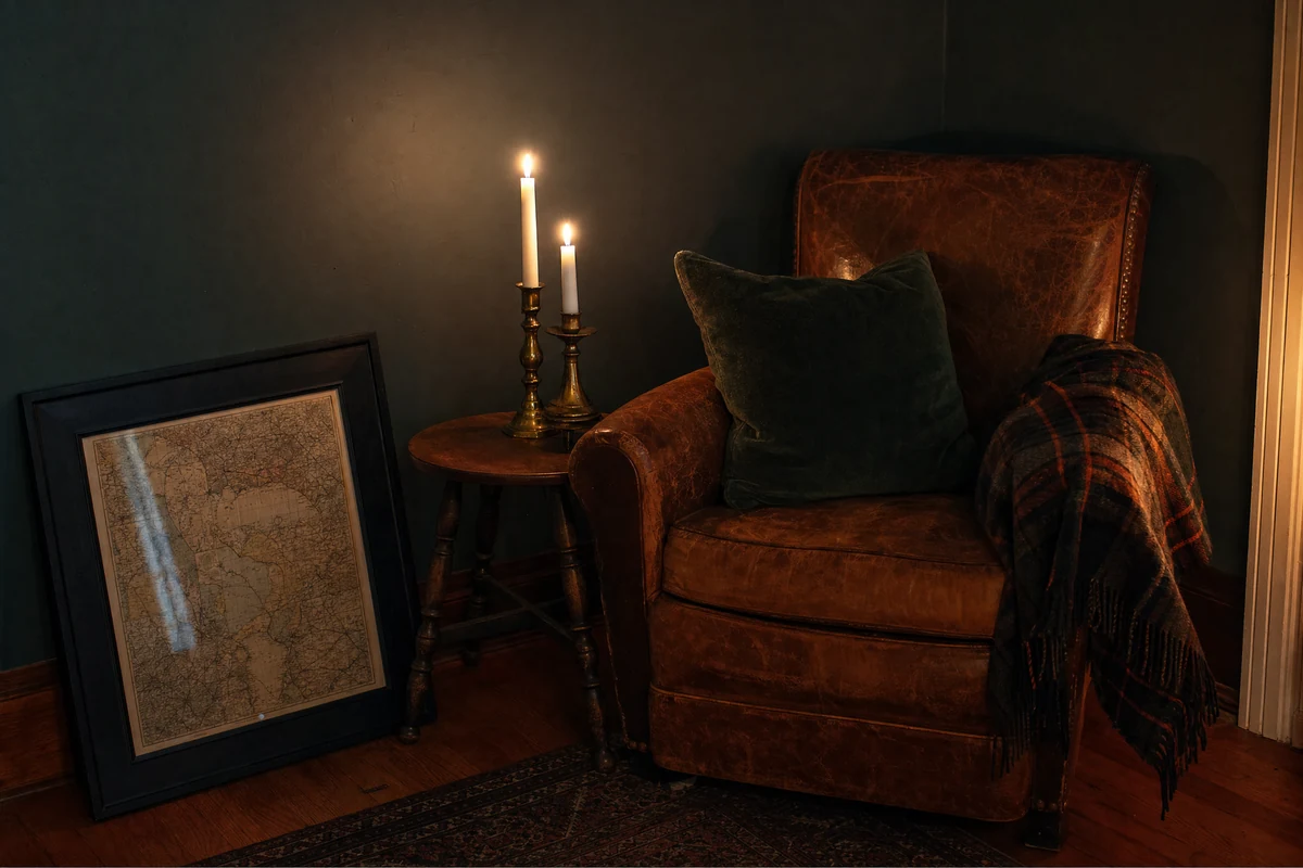 A dark green velvet cushion on a worn brown leather armchair, a plaid wool throw over the arm, a small table beside it with two white tapers lit in mismatched brass candlesticks