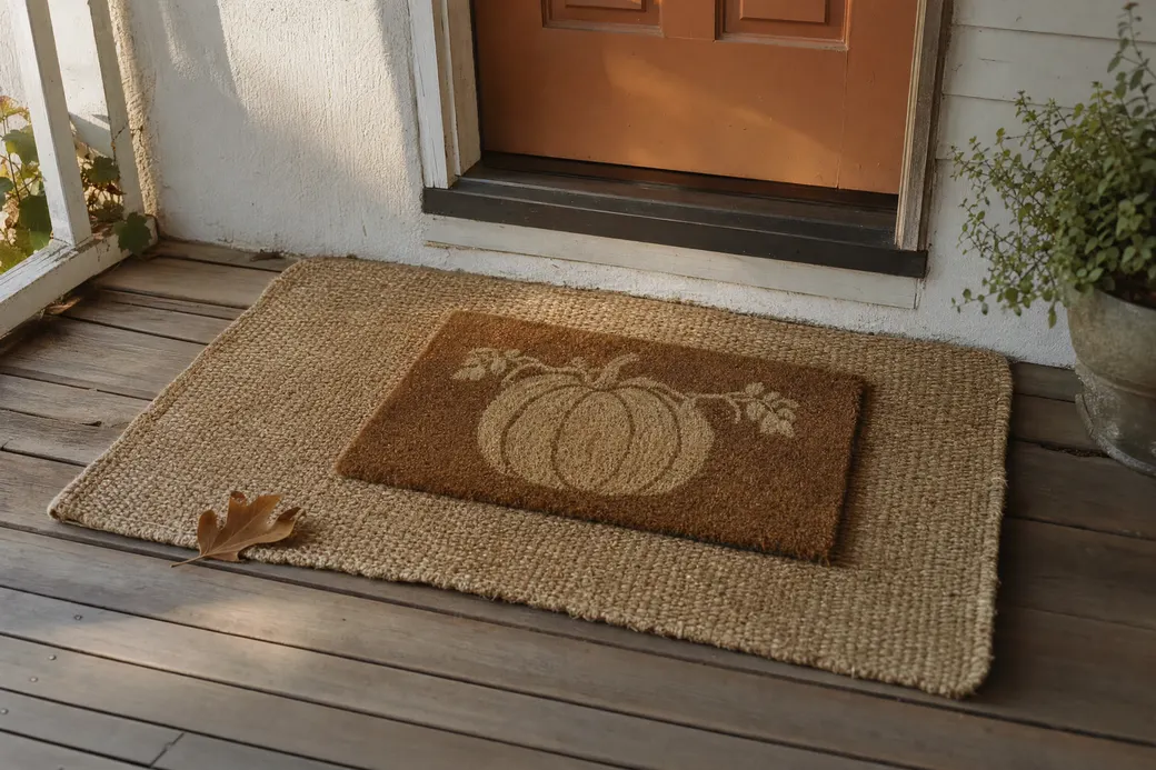 A smaller coir doormat with a pumpkin motif centered on a plain jute layering rug at a front door