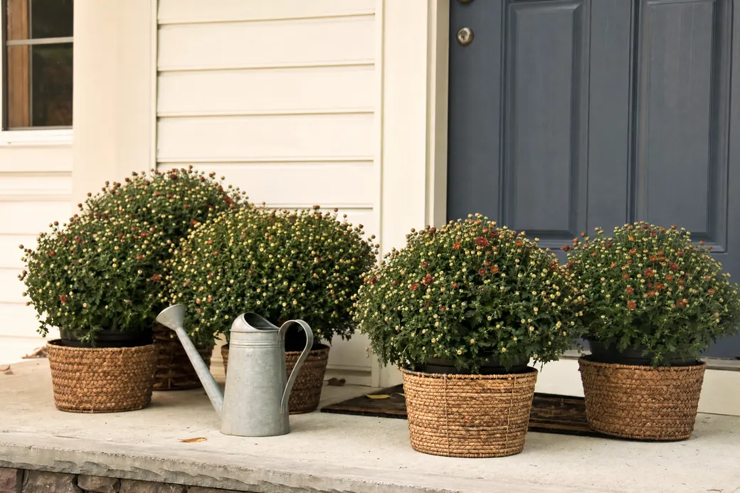 Four potted mums still mostly in bud, arranged in pairs in woven baskets beside a front door with a watering can