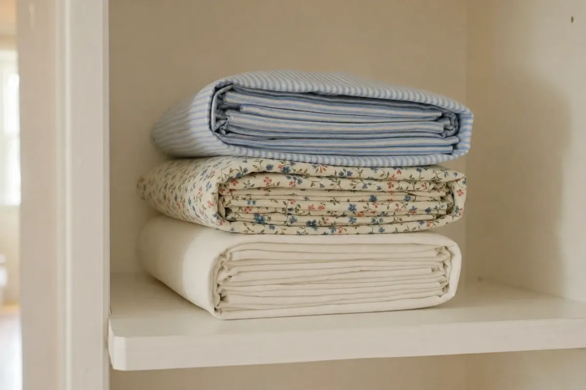Three sheet sets each wrapped inside one of its own pillowcases, blue striped, small floral and plain cream, stacked in one column on a white painted closet shelf with the folded edges facing forward