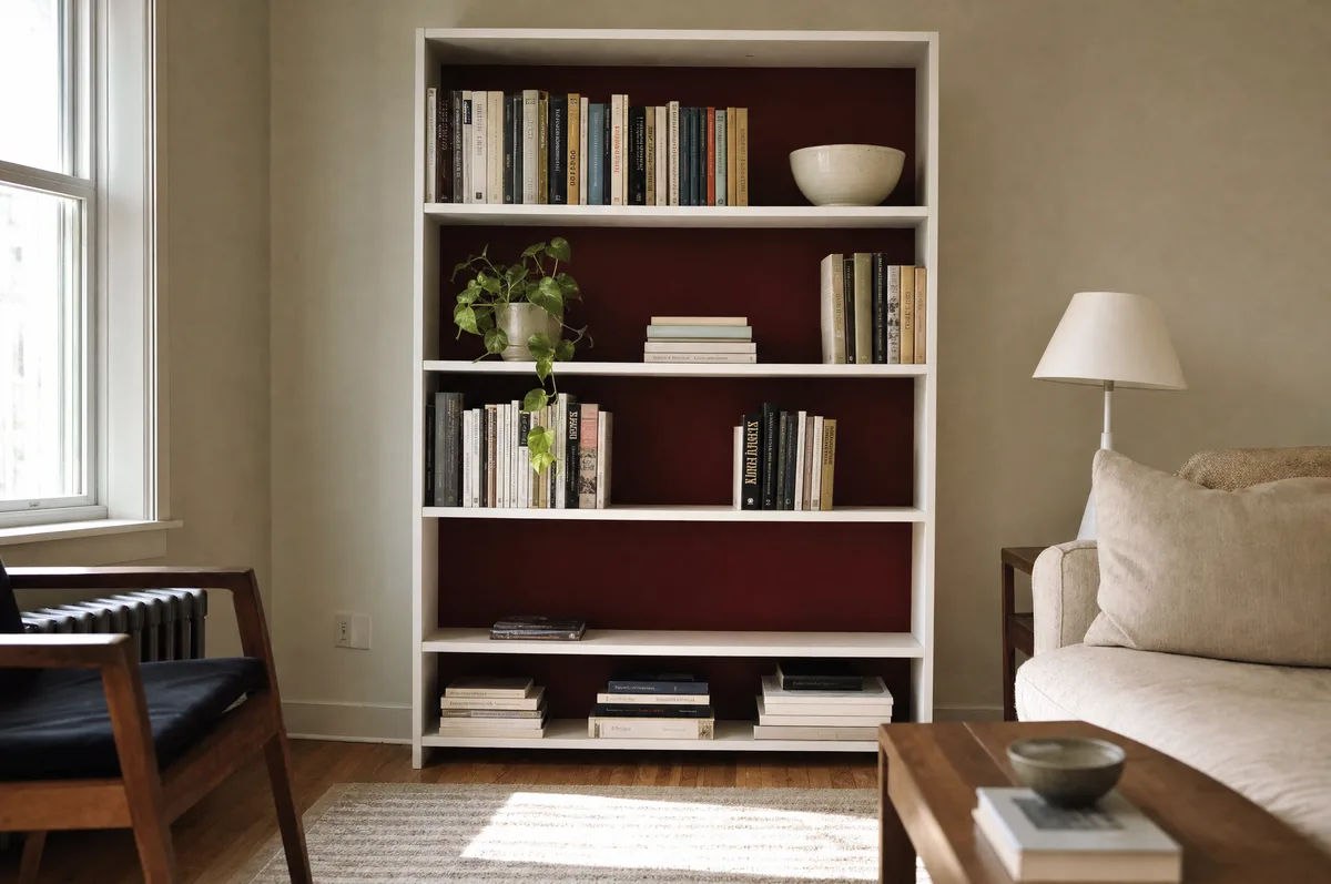 Open white bookcase in a neutral room with the back panel painted deep burgundy, shelves two-thirds full of books and a few ceramic objects so the red shows through in patches