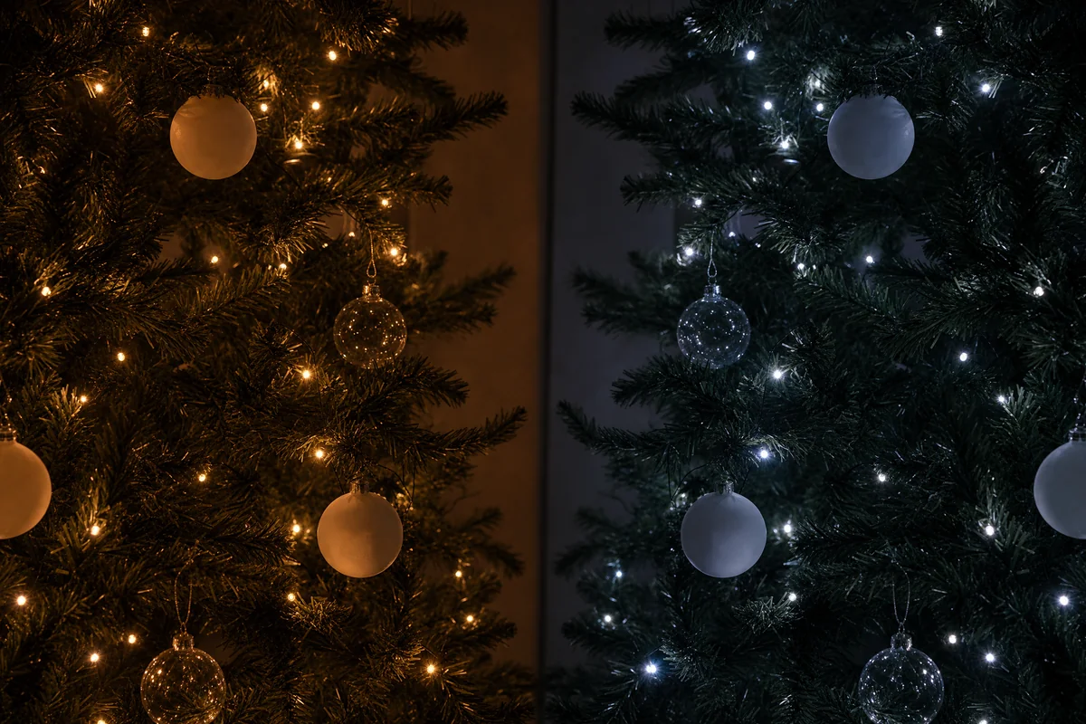 Two identical artificial tree branches side by side, the left one lit with warm amber-white mini lights and the right one with harsh blue-white lights, each with a few cream and clear glass ornaments